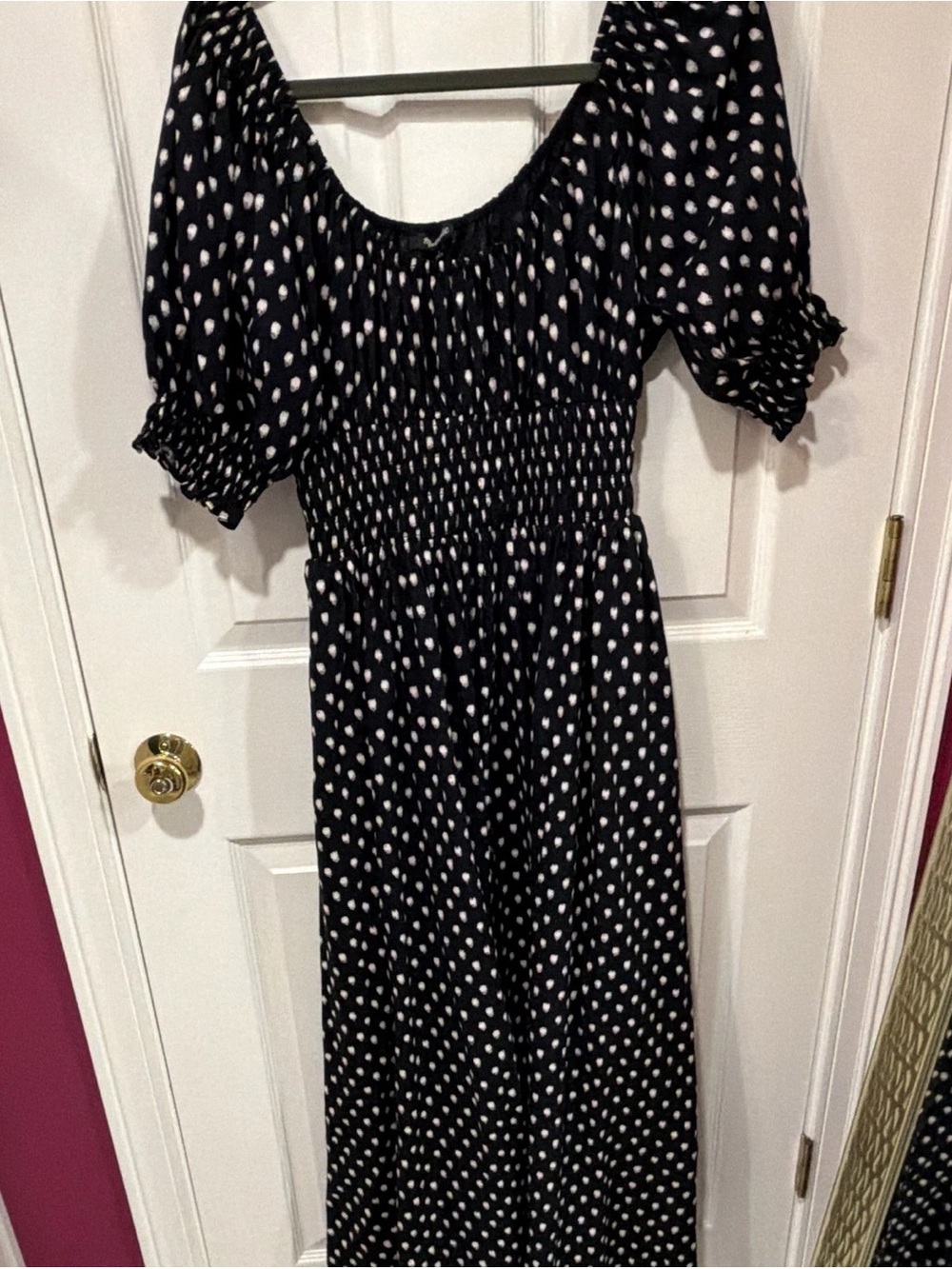 Madewell Black Maxi Dress with White Polka Dots and Smocked Bodice